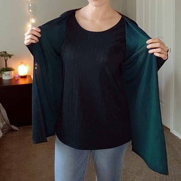Green sparkle long sleeve layered jacket blouse - Picture 6 of 9